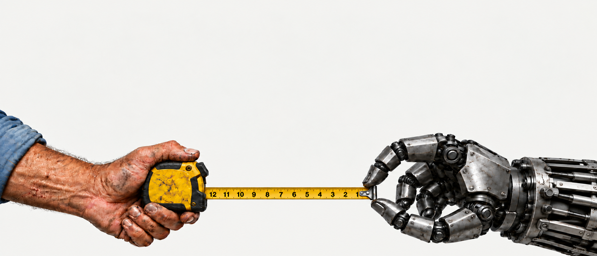 A worker's hand holds a tape measure; a steel robot hand pulls the hook
